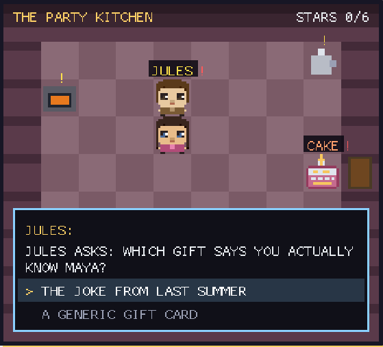 Pixel-art game scene: Jules asks which gift shows you know Maya, with the inside-joke answer selected